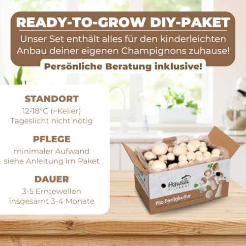 N Ihnen eine reiche Ernte an leckeren Champignons.
✓ EINFACHE ANWENDUNG: Mit unserer ausführlichen Anleitung ist die Pilzzucht auch für Anfänger und Kinder kinderleicht.
✓ FRISCH & GESUND: Genießen Sie selbst gezüchtete, frische Pilze ohne Pestizide und andere Zusatzstoffe.
✓ UMWELTFREUNDLICH: Mit dem Pilzzuchtset können Sie ganz ohne Garten und auf umweltschonende Weise Ihre eigenen Lebensmittel anbauen.
✓ VIELSEITIG EINSETZBAR: Die Pilze können in verschiedenen Gerichten verwendet werden und sorgen für besondere Geschmackserlebnisse.
Züchten Sie Ihre eigenen Champignons zu Hause und genießen Sie die frischen, gesunden Pilze in Ihren Lieblingsgerichten. Mit dem Hawlik Pilzbrut - Champignon Zuchtset gelingt Ihnen die Pilzzucht <a href=
